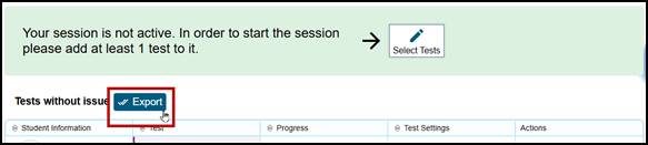 Test Administrator Interface with the Export button indicated.