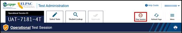 Test Administrator Interface screen with the Stop Session button indicated.