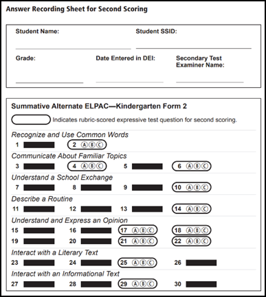 Answer recording sheet for second scoring for kindergarten.
