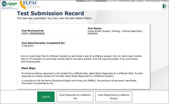 Test Submission Record screen with three buttons at the bottom: Log Out, Enter Responses for a Different Test, and Enter Responses for a Different Student.