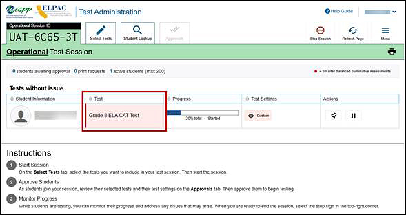 Test Administrator Interface screen with a test in the Tests without issue table and the test column indicated.