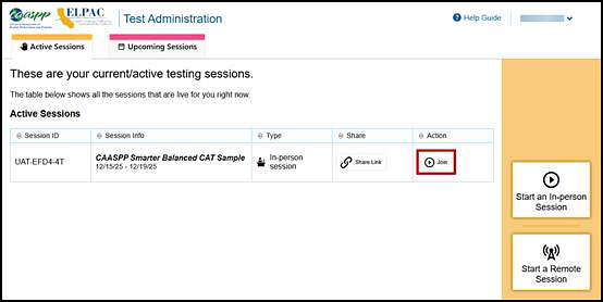 Active Sessions tab with a test session row in the Active Sessions table and the Join button indicated.