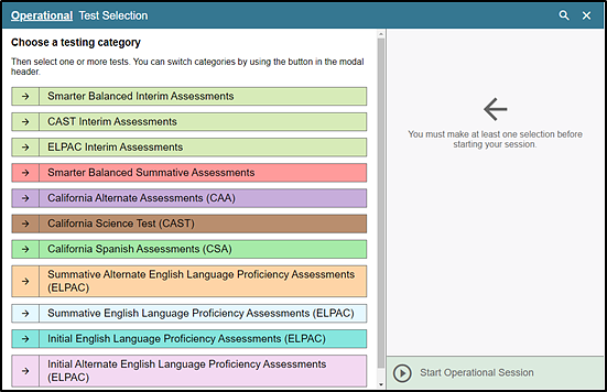 Operational Test Selection screen listing all CAASPP and ELPAC operational and interim assessments.