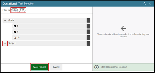 Filtering option in the Test Administrator Interface with grades five and eight indicated as Filter By; the plus-sign icon indicated for Subject; and the Apply Filters button indicated.