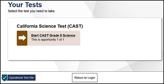 Your Tests screen from which a student selects a test showing the grade eight CAST.