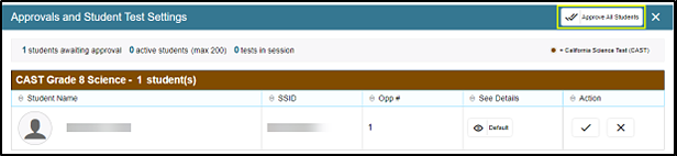 Approvals and Student Test Settings screen with Approve All Students button called out.