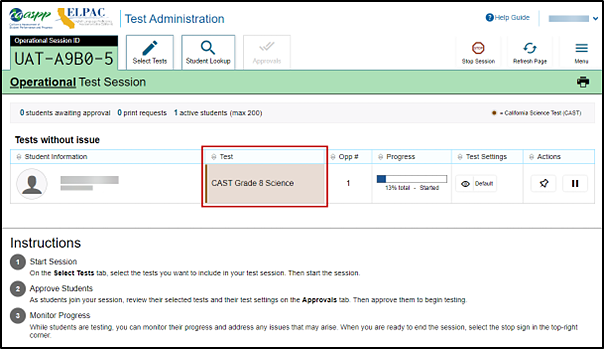 Test Administrator Interface layout with Tests column in the Tests without Issue table indicated.