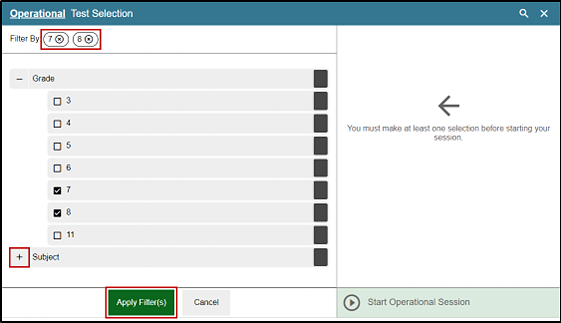 Filtering option in the Test Administrator Interface with grades seven and eight indicated as Filter By; the plus-sign icon indicated for Subject; and the Apply Filters button indicated.