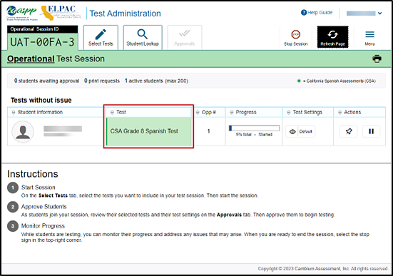 Test Administrator Interface layout with Tests column in the Tests without Issue table indicated.