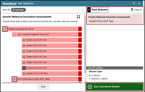 Operational Test Selection screen with the list of available tests expanded with the plus-sign icon, minus-sign icon, marked checkbox, Tests Selected section, and Start Operational Session button indicated