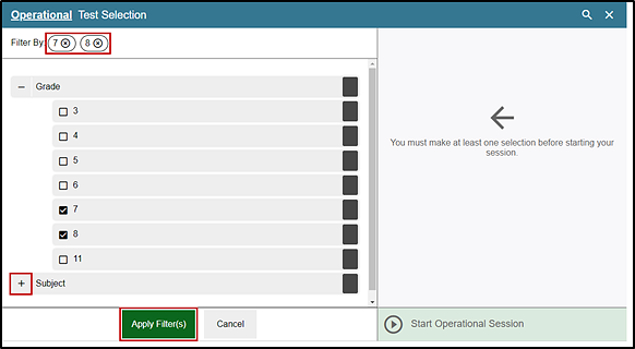 Filtering option in the Test Administrator Interface with grades two and three indicated as Filter By; the plus-sign icon indicated for Subject; and the Apply Filters button indicated.