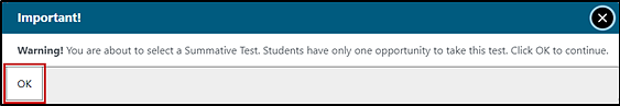 Summative Assessment confirmation box with the OK button called out.