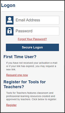 Logon screen that shows Email Address and Password fields and has a Secure Logon button.