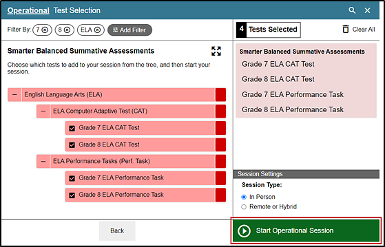 Filtering option in the Test Administrator Interface with grade three filtering options selected and the Start Operational Session button indicated.