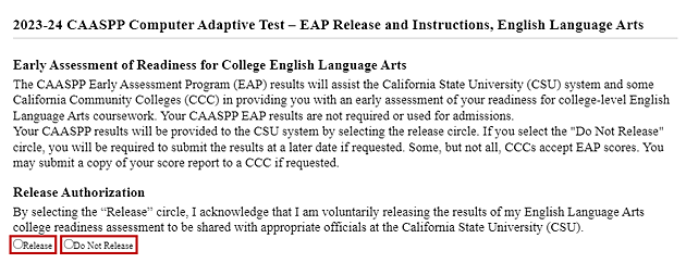 EAP Release and Instructions section of the Data Entry Summary screen with the options of Release and Do Not Release.