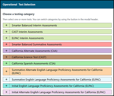 Operational Test Selection screen listing all CAASPP and ELPAC operational and interim assessments.