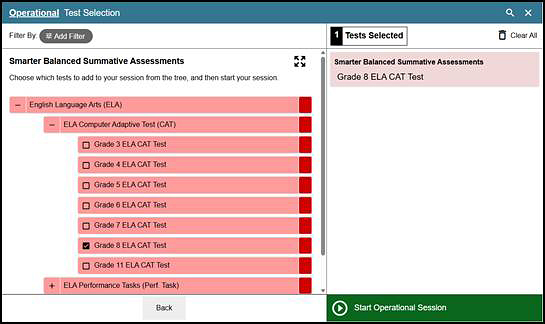 Expanded Operational Test Selection screen the ELA CAT list open
