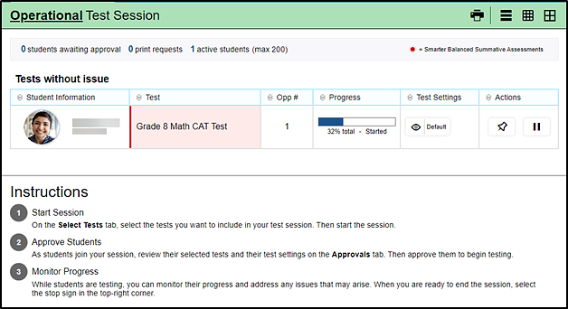 Operational Test Session screen with 'Student Information,' 'Test,' 'Progress,' 'Status,' 'Test Settings,' and 'Actions' columns.