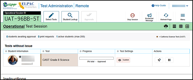 Operational Test Session screen with 'Student Information,' 'Test,' 'Opp #,' 'Progress,' 'Test Settings,' and 'Actions' columns.