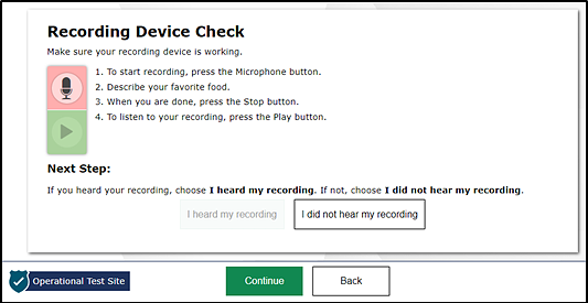 'Recording Device Check' section of the Audio/Video Checks screen.