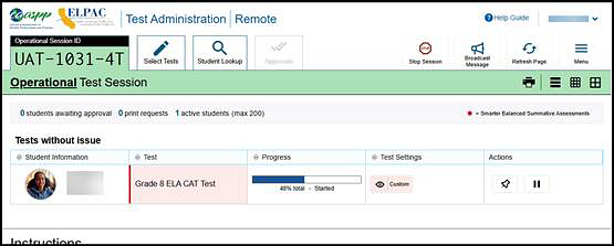 Operational Test Session screen with "Student Information," "Test," "Opp #," "Progress," "Test Settings," and "Actions" columns.