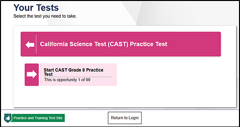 Your Tests screen from which a student selects a test.