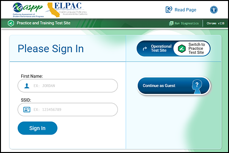 Practice Test Student Sign In screen with fields for the student's first name and SSID.