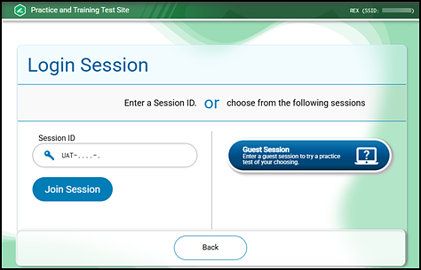 Login Session screen for the practice test