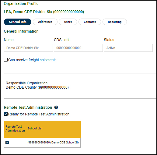 Organization Profile screen in TOMS with the Ready for Remote Test Administration checkbox marked