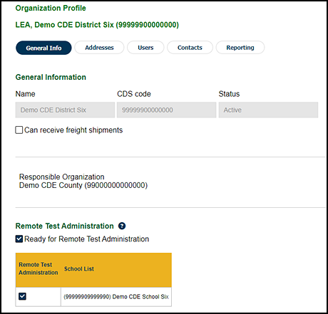 Organization Profile screen in TOMS with the Ready for Remote Test Administration checkbox marked.