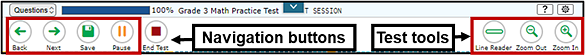 Test delivery system global menu with the navigation buttons and test tools indicated.