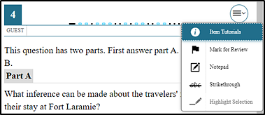 Sample context menu showing the tutorial and mark for review, notepad, highlighter and strikethrough resources for a set of ELA answer options.