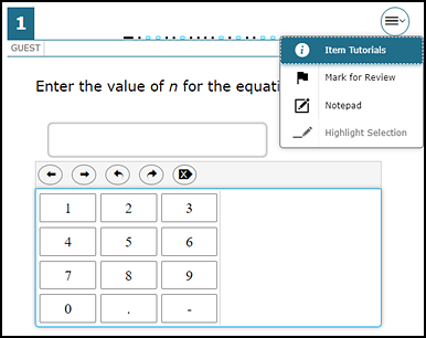 Mathematics practice test question with the context menu displaying the Item Tutorials, Mark for Review, Notepad, and Highlight Selection resources that are available.