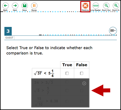 Sample student question with masking (i.e., a black box) applied to a portion of the answer options. The Masking button is indicated in the top-right corner.