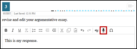 Sample test question with 'This is my response' in the response area and the Microphone indicated above the response area.