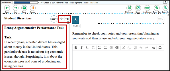 Sample reading passage from a practice test with the passage section and expand arrows indicated.