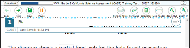 Science practice test question marked for review, the question number and the question number toggle showing it as marked.