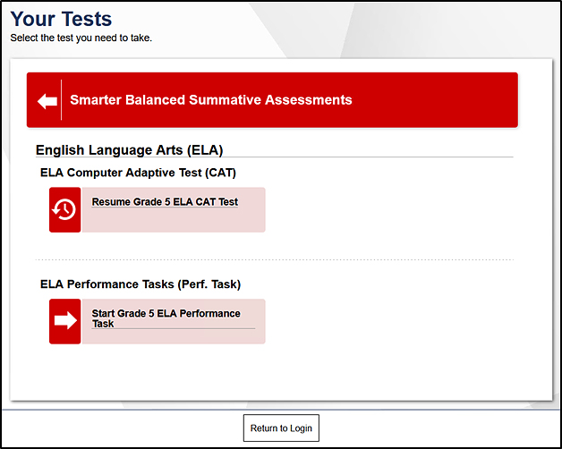 Your Tests screen from which a student selects a test.