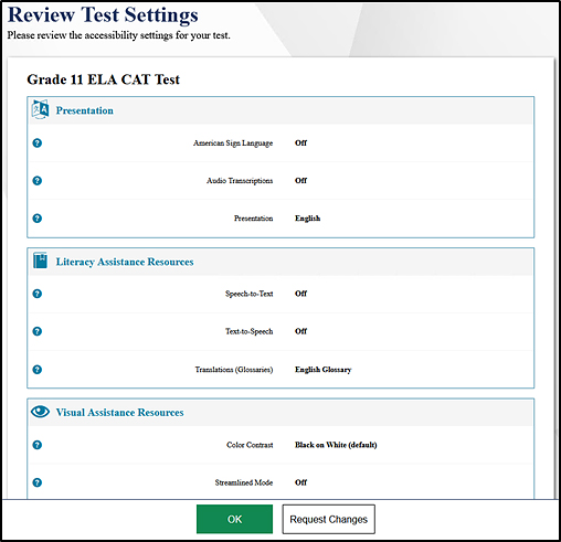 Review Test Settings screen for a selected student that shows sections for Presentation, Literary Assistance Resources, and Visual Assistance Resources.