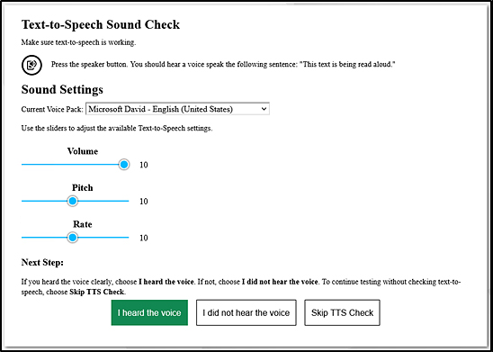 Text-to-Speech Sound Check section of the Audio/Video Checks page