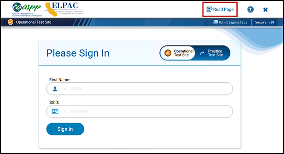 Student Sign In screen with the [Read Page] button indicated.