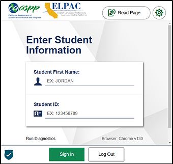 Enter Student Information screen with Student First Name and SSID fields, and Sign In and Log Out buttons.