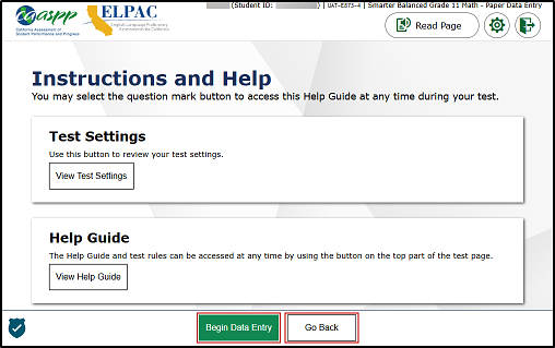 Instructions and Help screen with Begin Data Entry and Go Back buttons indicated.