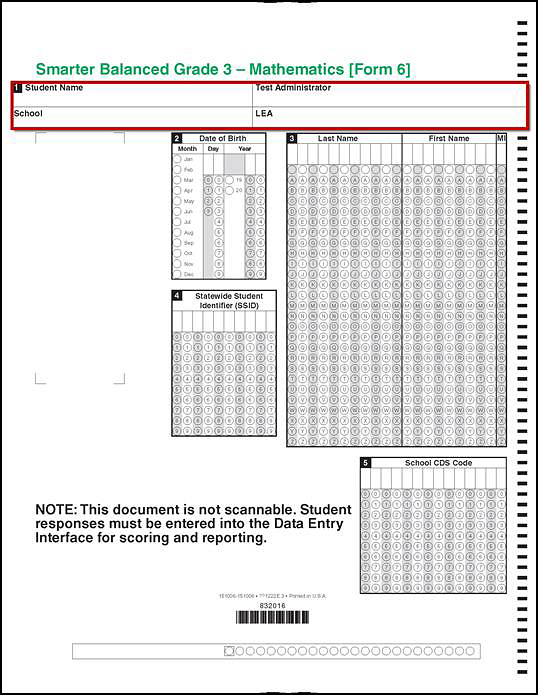 Student data grid on a sample grade three answer booklet