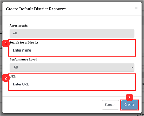 Create Default District Resource pop-up.