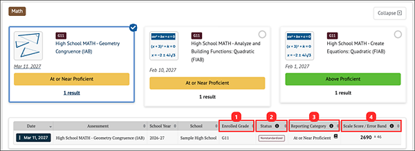 student’s results table.