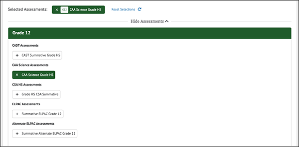 Selected Assessments Panel.