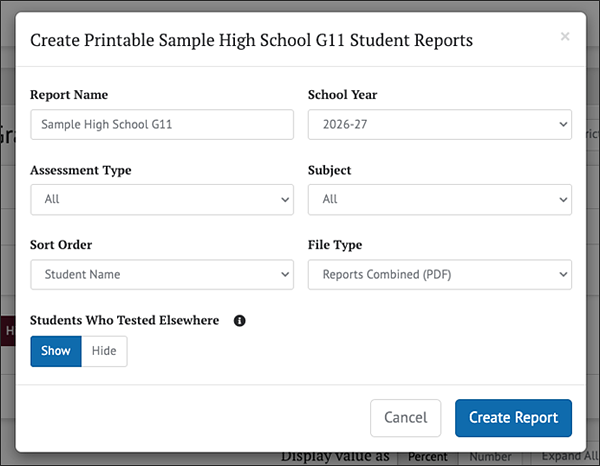 Printable Reports Pop-Up Menu. 