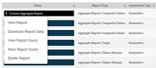 Screenshot of Custom Aggregate Report Context Menu dropdown.