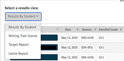 Screenshot of Select a results view for the Lexile Report.